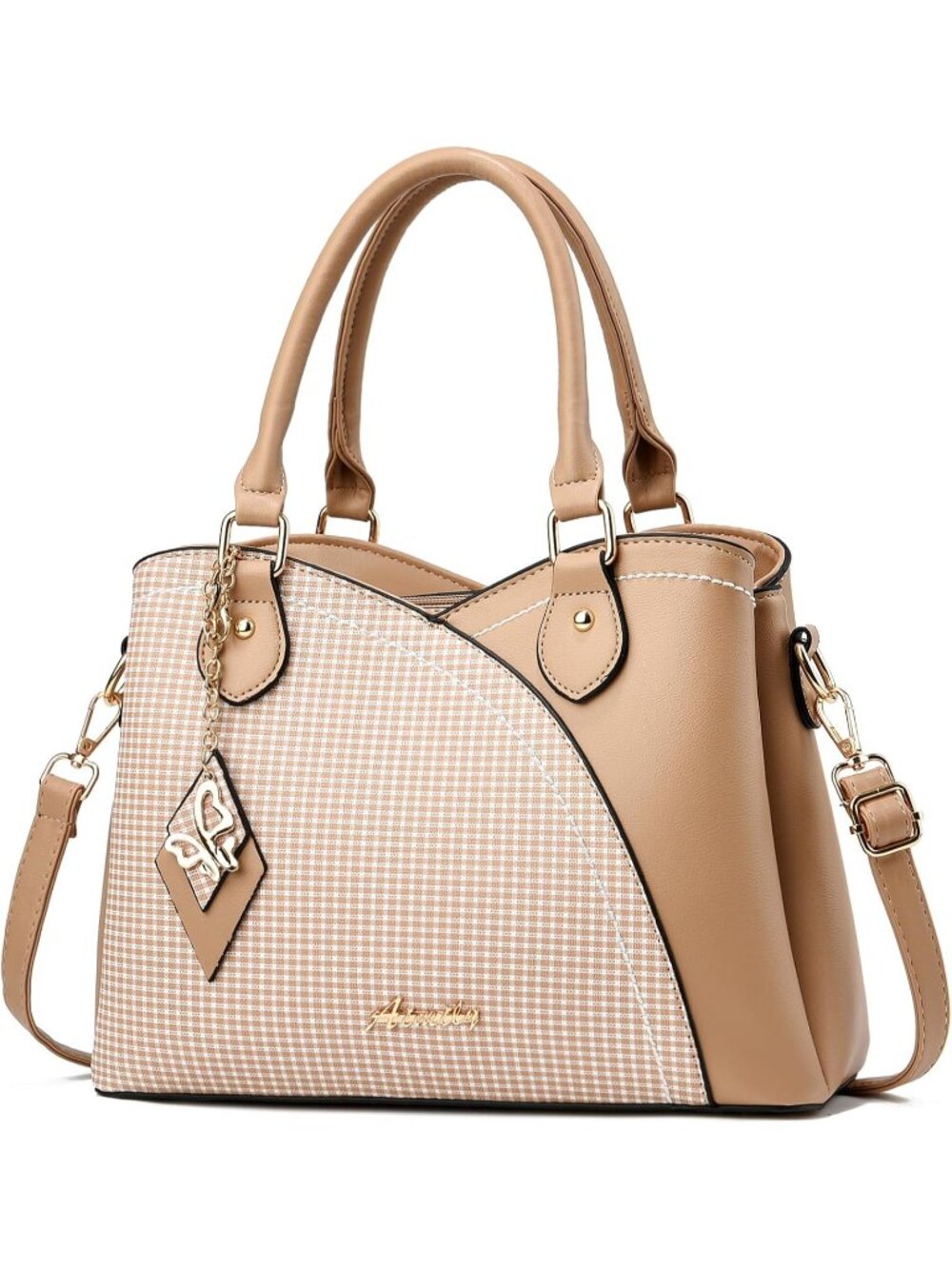 〽️Women's Khaki Medium Leather Top Handle Crossbody Satchel Shoulder Handbags